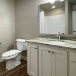 7714 Saint Andrews Basement Bathroom. Granite Countertops. White Painted Flat Panel Custom Cabinets.