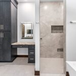 7736 Turnberry Owners Bathroom Walk-In Tiled Shower Entry. Makeup Vanity.