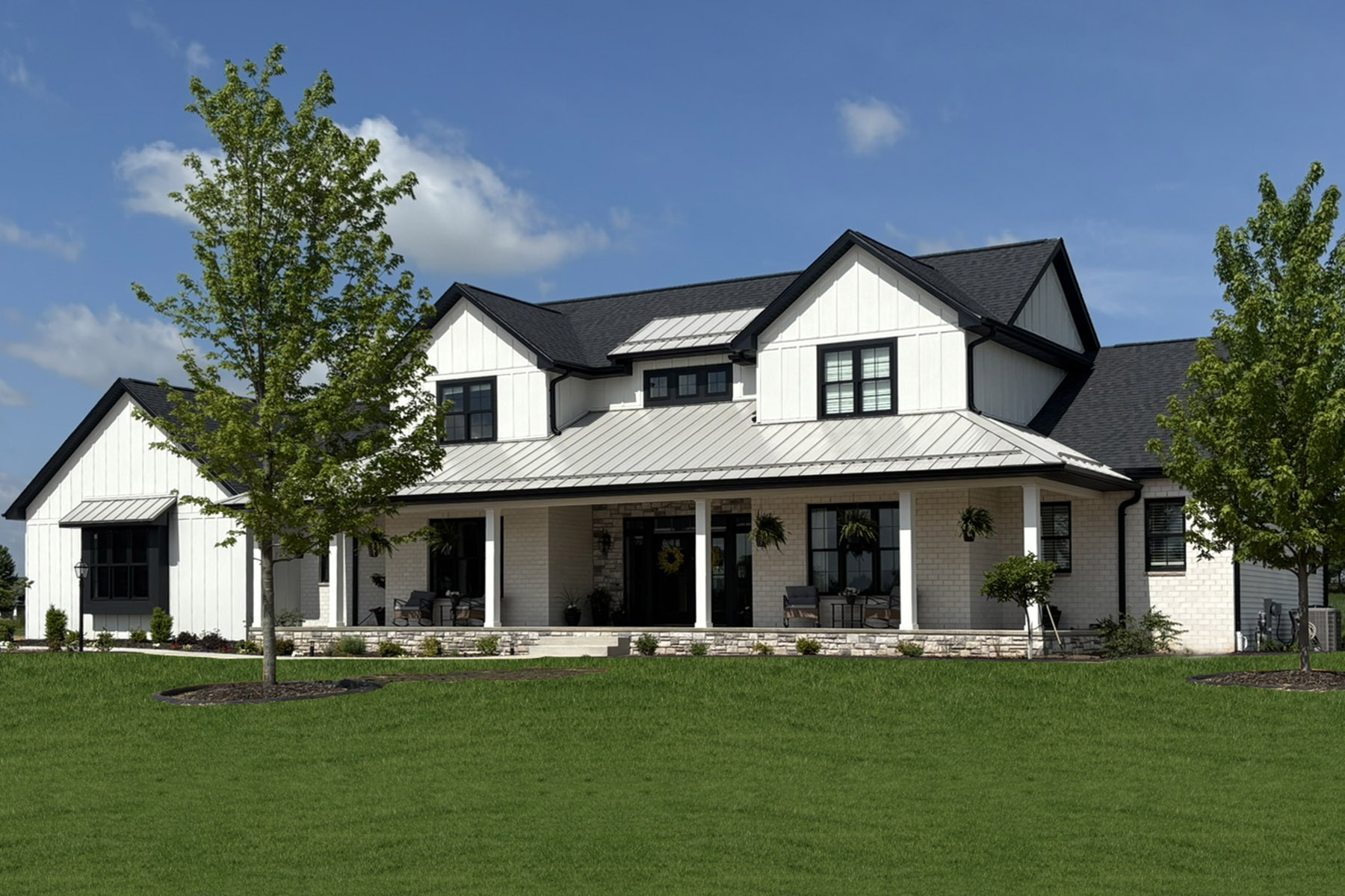 704 Royal St Pats Exterior 704 Royal St Pats Exterior. Modern Farmhouse. White Board & Batten LP SmartSide DiamondKote Siding. Central States Horizon-Loc Gray Metal Roofing. CertainTeed Moire Black Shingles. Black Soffit and Fascia. Black Trim Boards around Black Windows. ProVia Terra Cut Frost Stone. Belden Modular Economo Alaska White Velour Brick with White Mortar.
