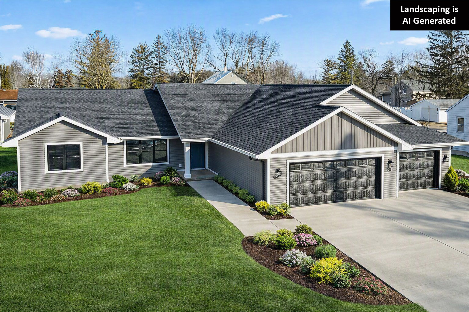 237 Park St Exterior (Landscaping by AI). Black Windows, Black Overhead Garage Doors, White Fascia, Gentek Sequoia Select "Hudson Slate" Siding, Moire Black Shingles.