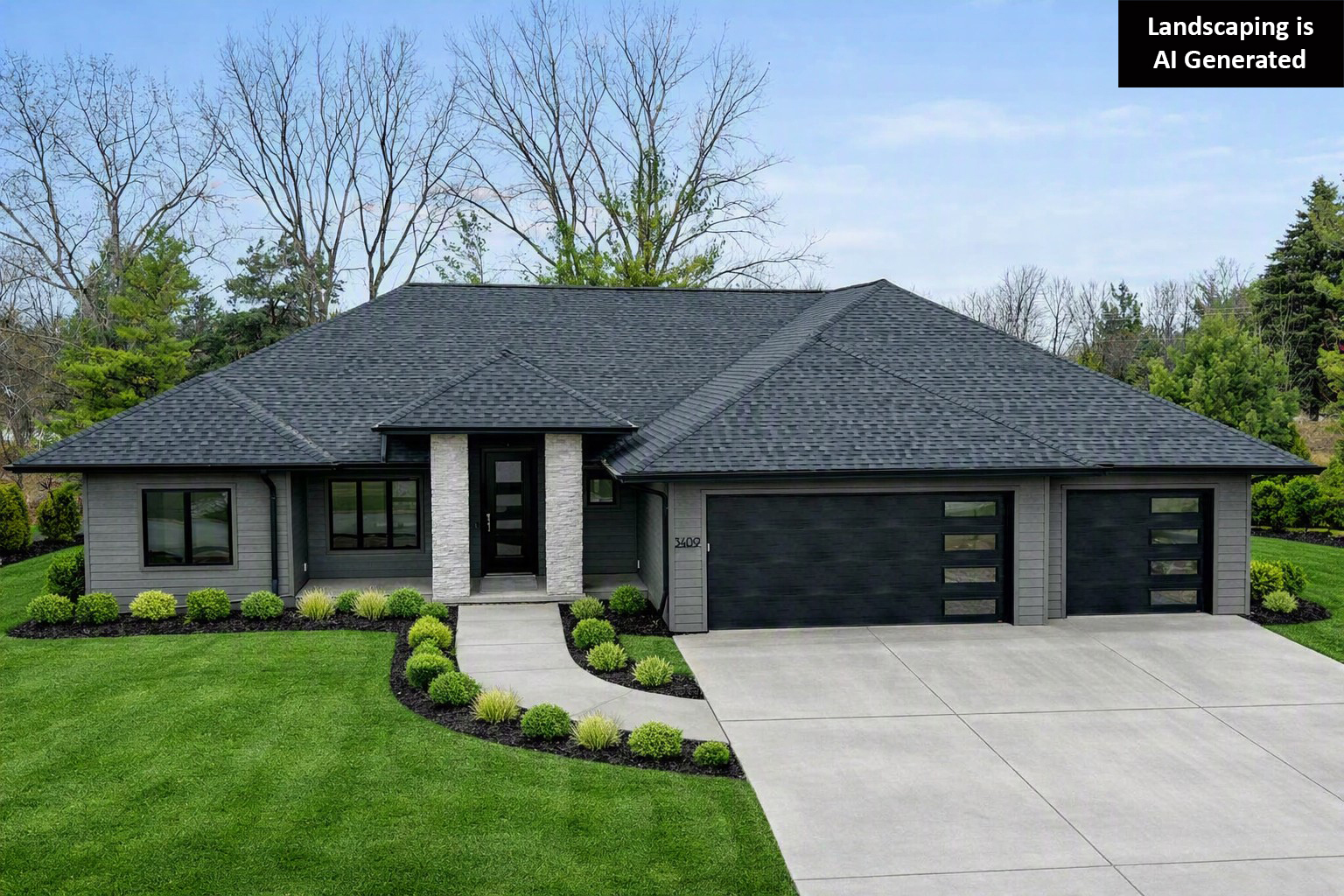 3409 Schubert Exterior. Black Windows. DiamondKote Terra Bronze LP SmartSide Siding. Black Soffit. MSI "Iceland Gray" Natural Thin Stone Veneer.