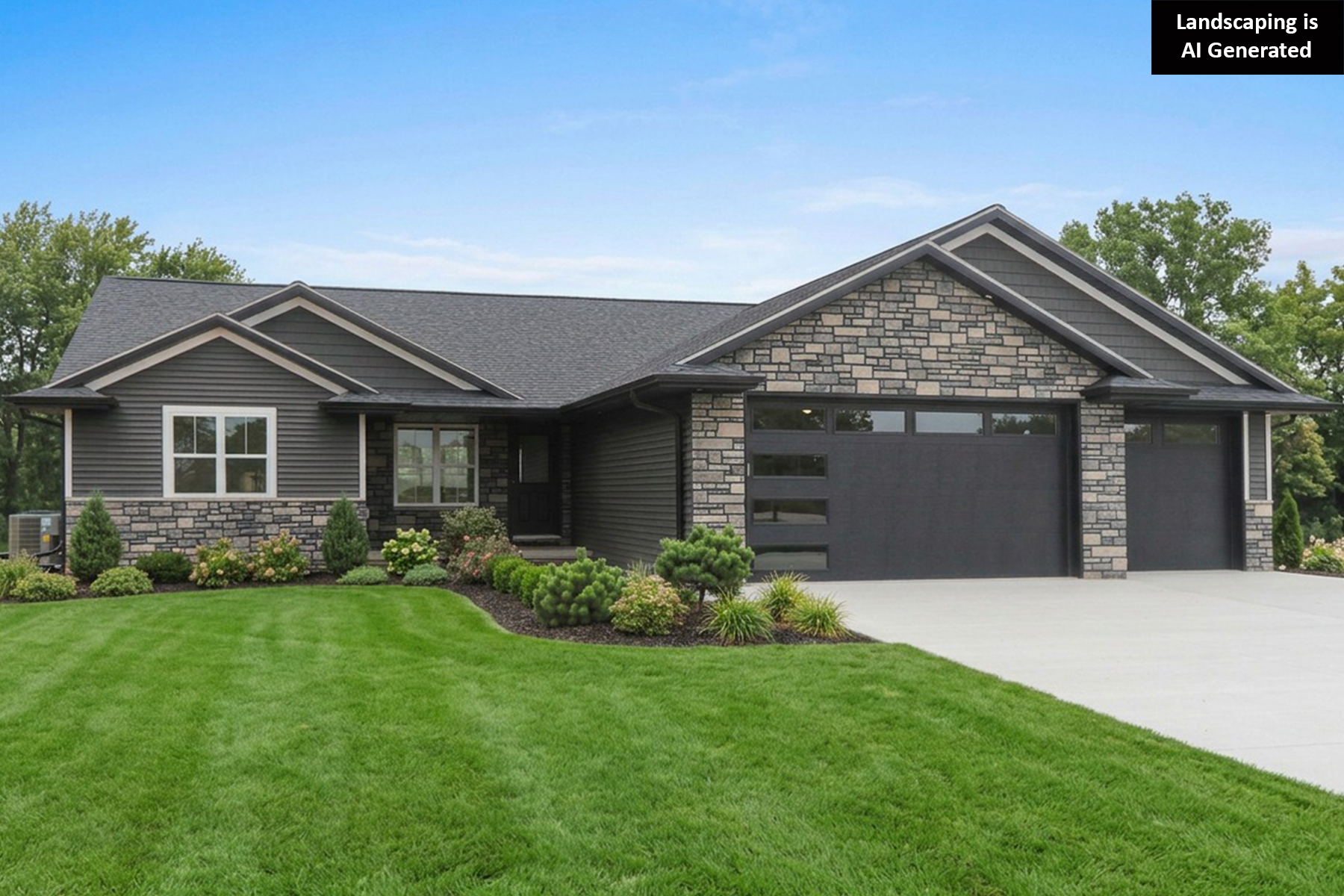 4673 Mill Rd Exterior. CertainTeed Landmark "Moire Black" Shingles. Gentek "Iron Ore" Siding. ProVia "Terra Cut Flintridge" Thin Stone Veneer with 97A Super Black Colored Mortar. Overhead Garage Doors with Flush Panels and Horizontal and Vertically Stacked Window Glass Inserts. Black Fascia with White Drip Edge.