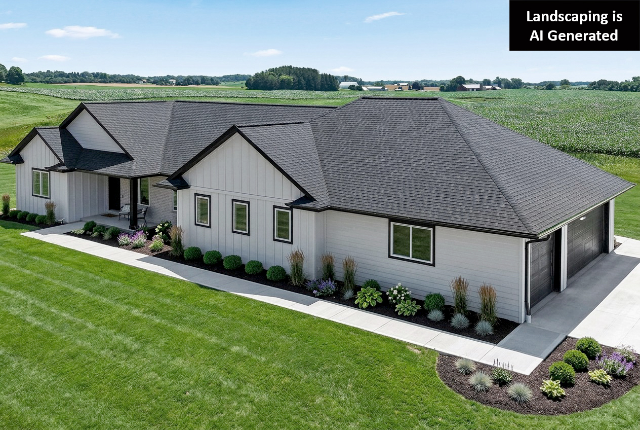 E1999 Hillside Exterior. White Board & Batten Siding. White Windows with Black Trim Boards. CertainTeed "Moire Black" Shingles. Black Fascia.