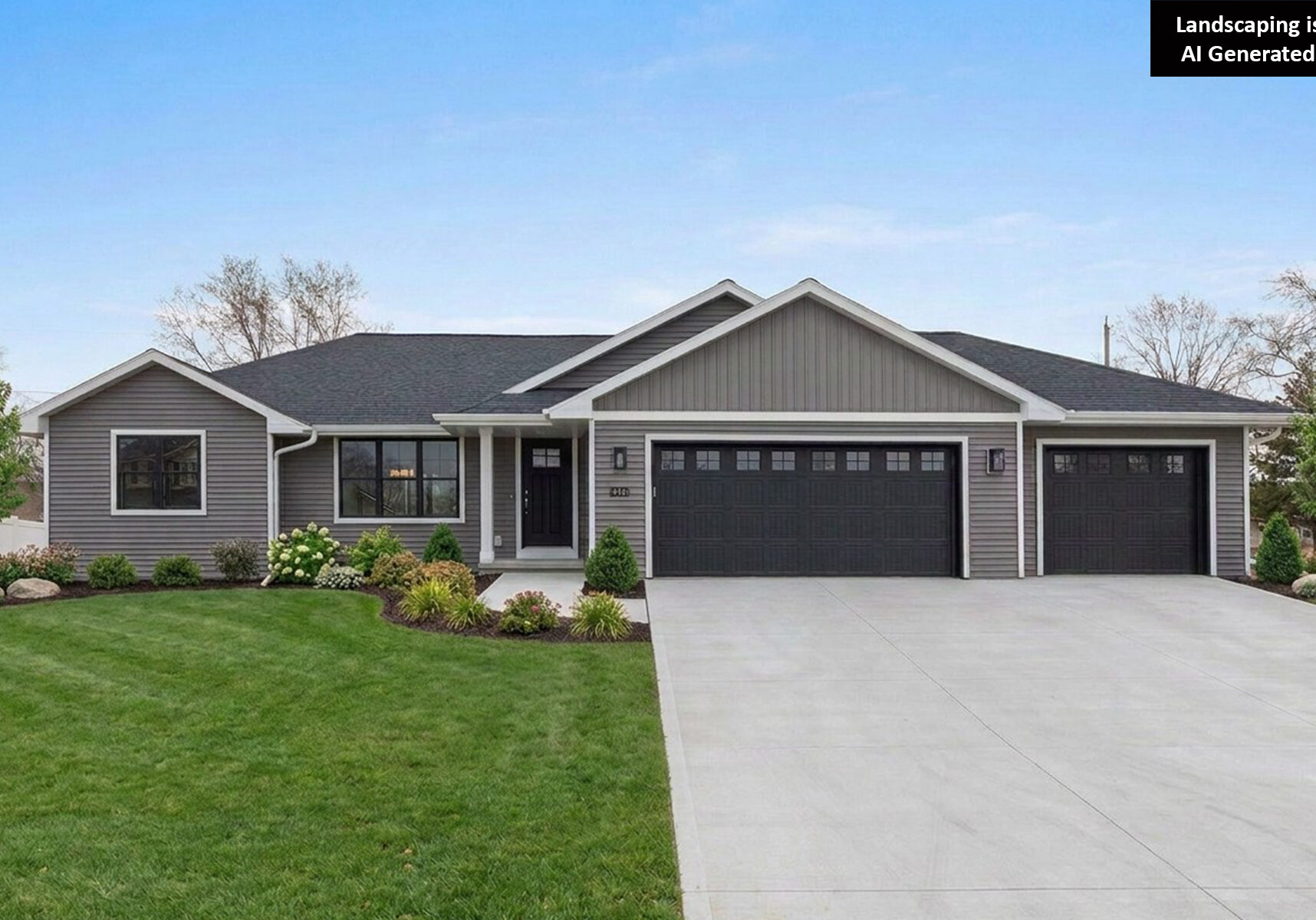 526 Rosemary Exterior. Black windows, black entry door, black overhead garage doors, white soffit/fascia, white exterior trim boards, Mitten "Yukon Gray" vinyl siding, CertainTeed Landmark "Moire Black" shingles.